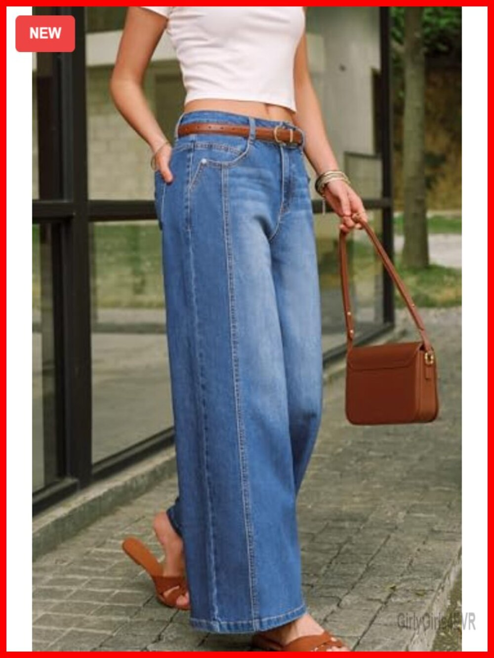 Cotton Blend High Rise Wide Leg Stretchy Denim Jeans with Contrast Seams - Picture 3 of 7
